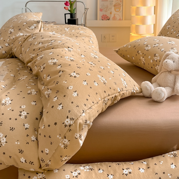 91家纺网 家纺一手货源 找家纺 ab家纺 2024新款全棉双层纱印花四件套 木槿花