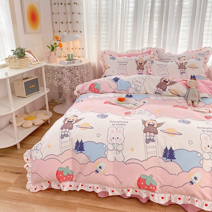 91家纺网 家纺一手货源 找家纺 （总）玉元坊 少女心全棉公主风花边被套床单式床裙款四件套三件套