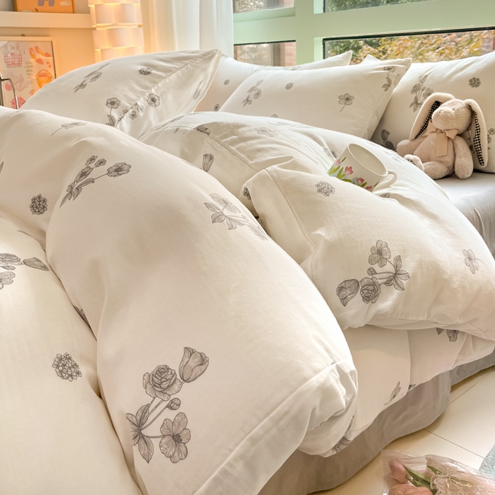 91家纺网 家纺一手货源 找家纺 ab家纺 2024新款全棉双层纱印花四件套 雅秀灰