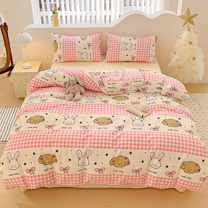 91家纺网 家纺一手货源 找家纺 珺柔家纺 2024新款40支13070全棉印花四件套 格子兔