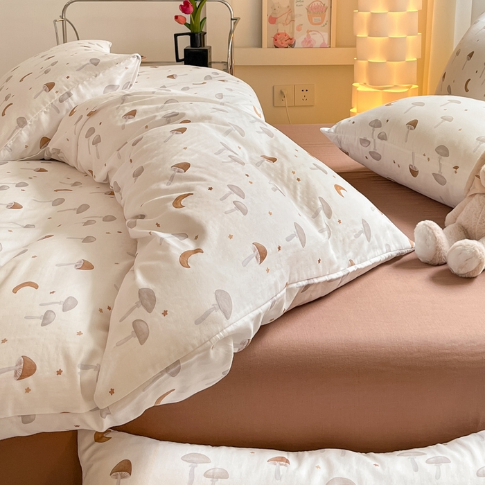 91家纺网 家纺一手货源 找家纺 ab家纺 2024新款全棉双层纱印花四件套 朱古力