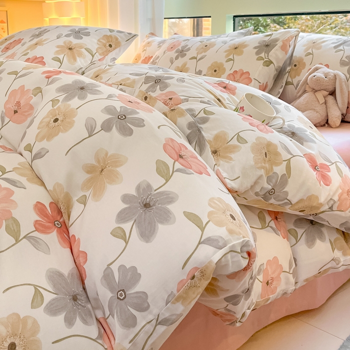 91家纺网 家纺一手货源 找家纺 ab家纺 2024新款全棉双层纱印花四件套 七色槿