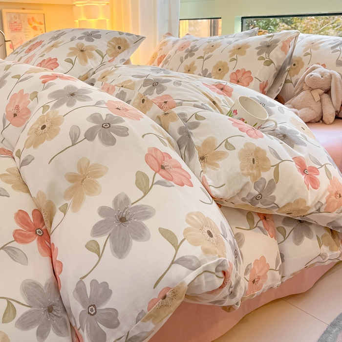 91家纺网 家纺一手货源 找家纺 ab家纺 2024新款全棉双层纱印花四件套 七色槿