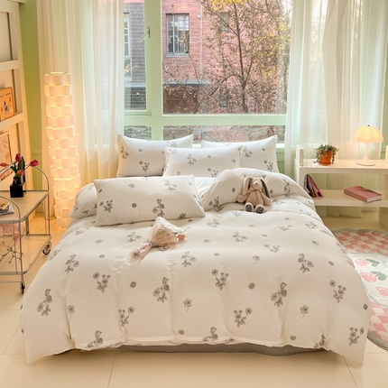 91家纺网 家纺一手货源 找家纺 ab家纺 2024新款全棉双层纱印花四件套 雅秀灰