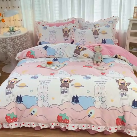 91家纺网 家纺一手货源 找家纺 （总）玉元坊 少女心全棉公主风花边被套床单式床裙款四件套三件套