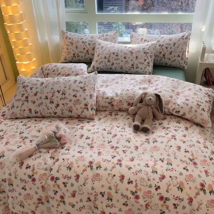 91家纺网 家纺一手货源 找家纺 ab家纺 2024新款全棉双层纱印花四件套 花间免