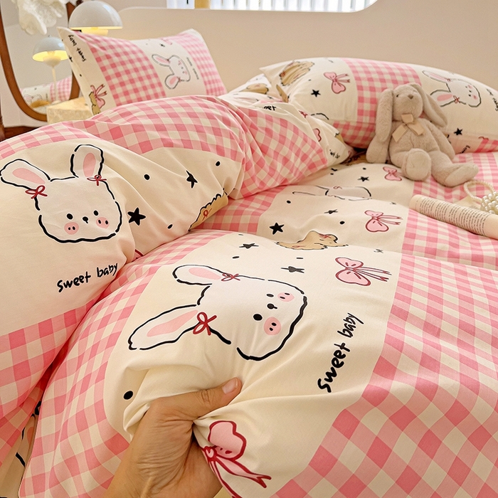 91家纺网 家纺一手货源 找家纺 珺柔家纺 2024新款40支13070全棉印花四件套 格子兔