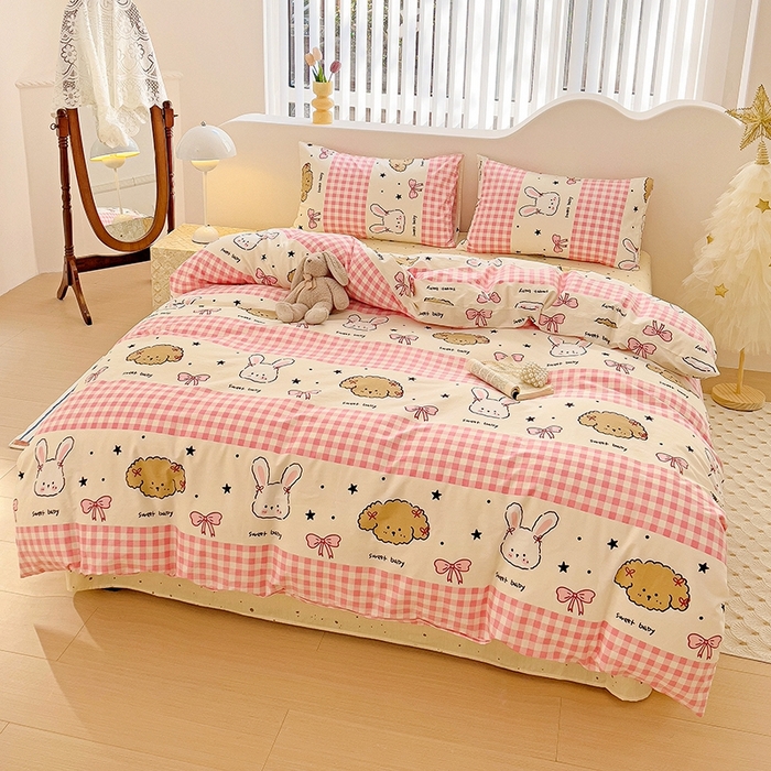 91家纺网 家纺一手货源 找家纺 珺柔家纺 2024新款40支13070全棉印花四件套 格子兔