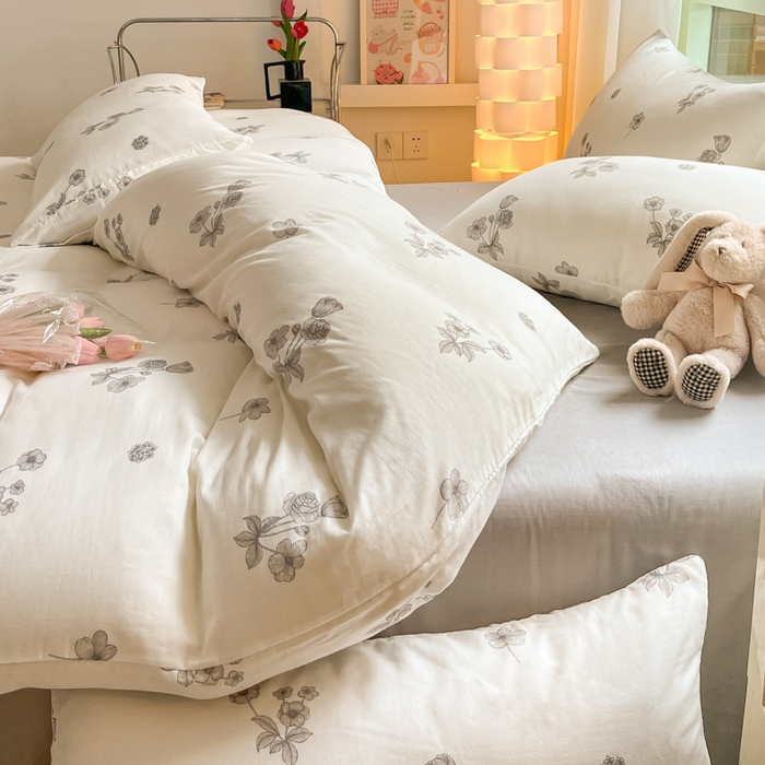 91家纺网 家纺一手货源 找家纺 ab家纺 2024新款全棉双层纱印花四件套 雅秀灰