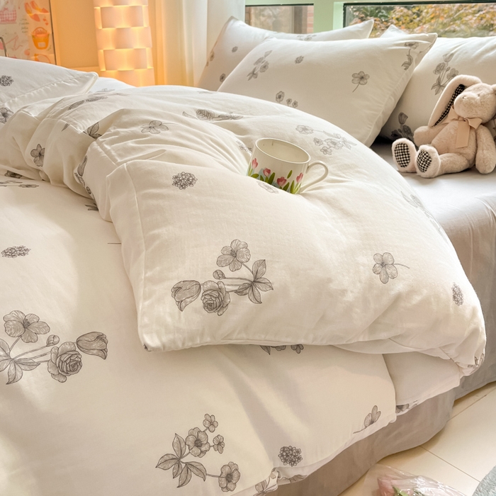 91家纺网 家纺一手货源 找家纺 ab家纺 2024新款全棉双层纱印花四件套 雅秀灰