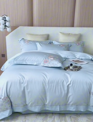 91家纺网 家纺一手货源 找家纺 宏羽纺 2023新款高支高密全棉绣花四件套--花间意境 西子蓝