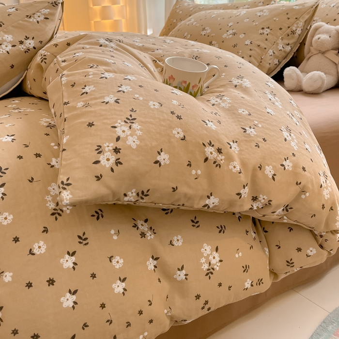 91家纺网 家纺一手货源 找家纺 ab家纺 2024新款全棉双层纱印花四件套 木槿花