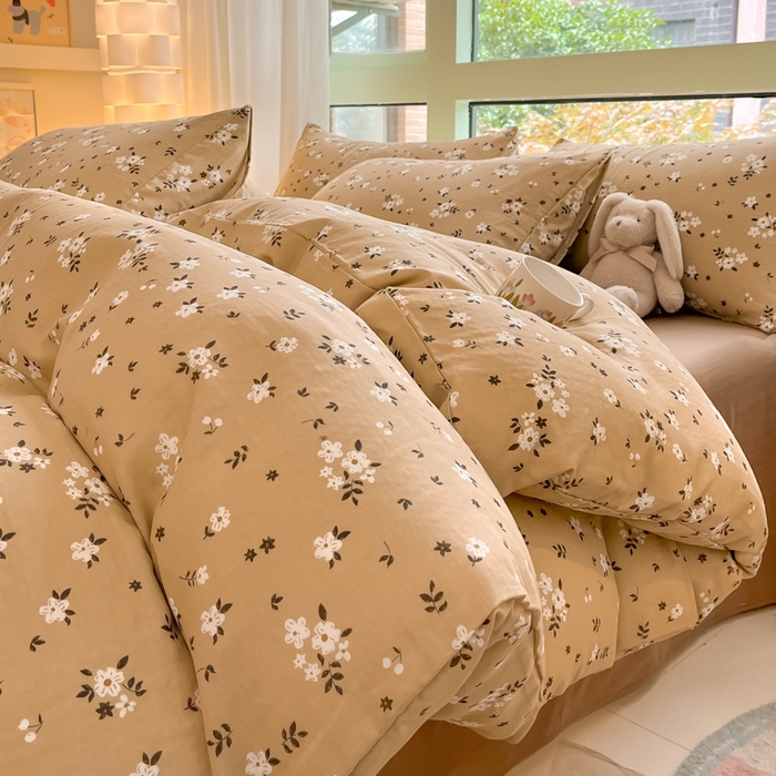 91家纺网 家纺一手货源 找家纺 ab家纺 2024新款全棉双层纱印花四件套 木槿花