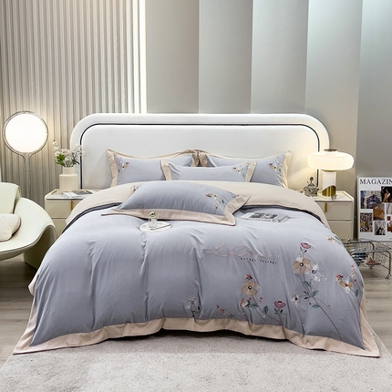 91家纺网 家纺一手货源 找家纺 欧冠家纺 2024新款四季款锦棉绣花盛夏光年四件套 盛夏光年-银灰