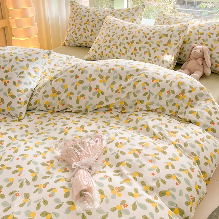 91家纺网 家纺一手货源 找家纺 ab家纺 2024新款全棉双层纱印花四件套 一抹柠萌