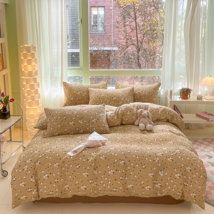 91家纺网 家纺一手货源 找家纺 ab家纺 2024新款全棉双层纱印花四件套 木槿花