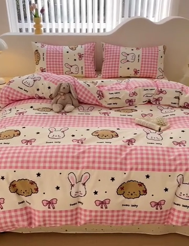 91家纺网 家纺一手货源 找家纺 珺柔家纺 2024新款40支13070全棉印花四件套 格子兔