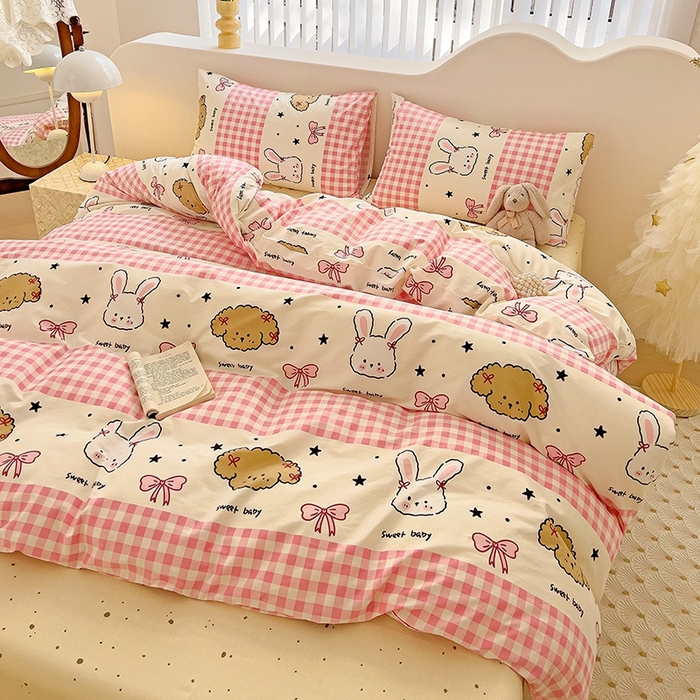 91家纺网 家纺一手货源 找家纺 珺柔家纺 2024新款40支13070全棉印花四件套 格子兔