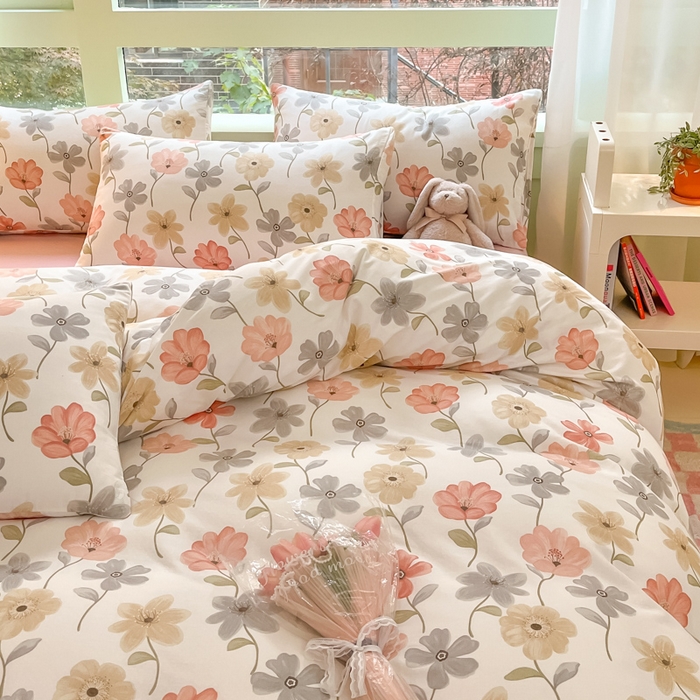 91家纺网 家纺一手货源 找家纺 ab家纺 2024新款全棉双层纱印花四件套 七色槿