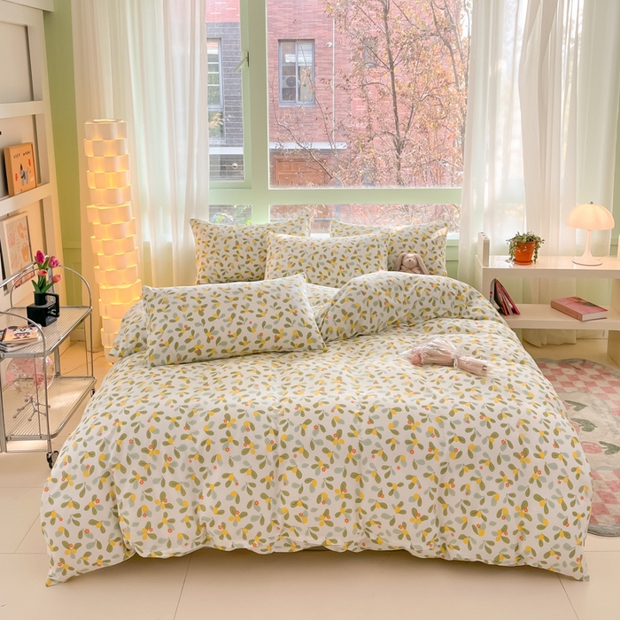 91家纺网 家纺一手货源 找家纺 ab家纺 2024新款全棉双层纱印花四件套 一抹柠萌