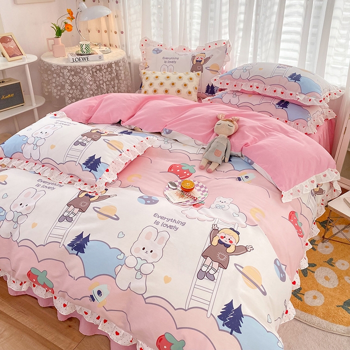 91家纺网 家纺一手货源 找家纺 （总）玉元坊 少女心全棉公主风花边被套床单式床裙款四件套三件套