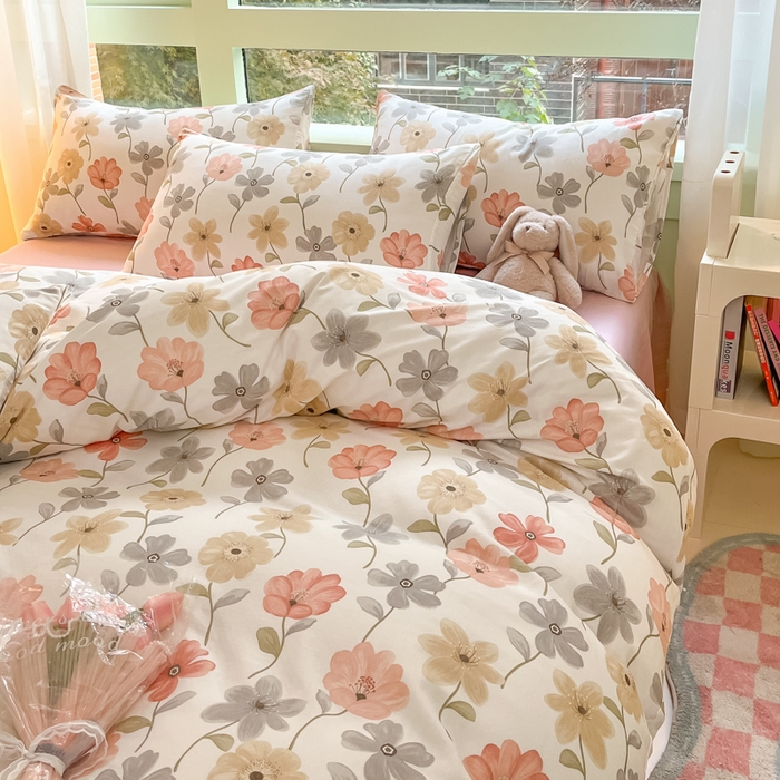 91家纺网 家纺一手货源 找家纺 ab家纺 2024新款全棉双层纱印花四件套 七色槿