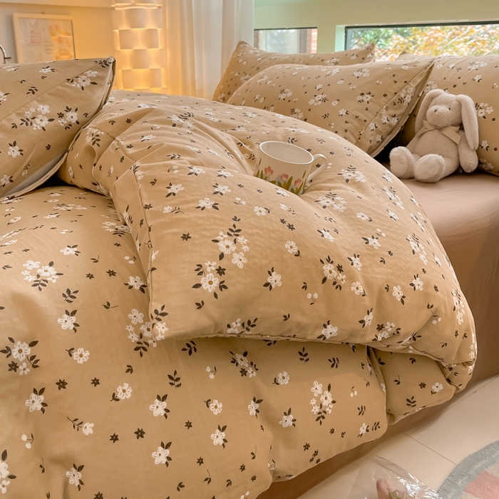 91家纺网 家纺一手货源 找家纺 ab家纺 2024新款全棉双层纱印花四件套 木槿花