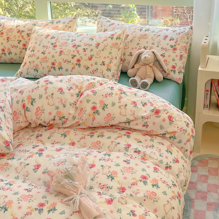 91家纺网 家纺一手货源 找家纺 ab家纺 2024新款全棉双层纱印花四件套 花间免