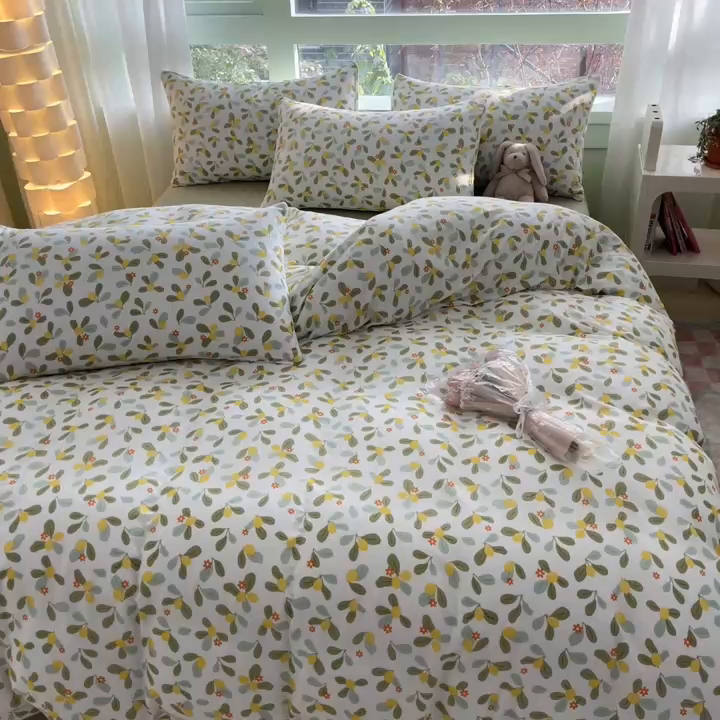 91家纺网 家纺一手货源 找家纺 ab家纺 2024新款全棉双层纱印花四件套 一抹柠萌