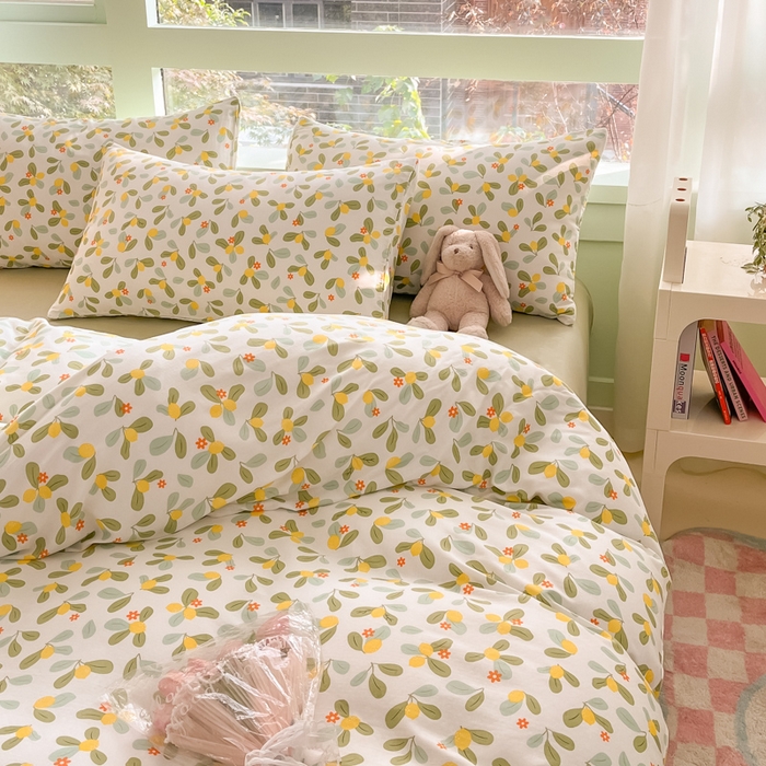 91家纺网 家纺一手货源 找家纺 ab家纺 2024新款全棉双层纱印花四件套 一抹柠萌