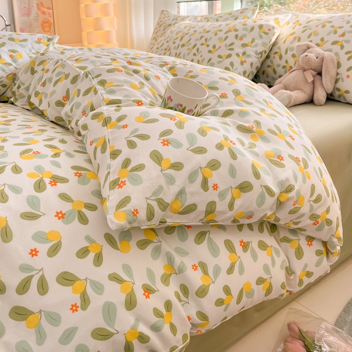 91家纺网 家纺一手货源 找家纺 ab家纺 2024新款全棉双层纱印花四件套 一抹柠萌