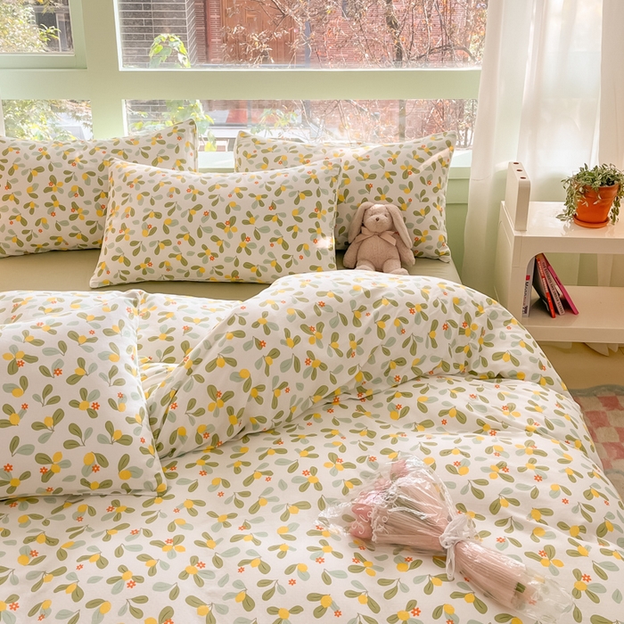 91家纺网 家纺一手货源 找家纺 ab家纺 2024新款全棉双层纱印花四件套 一抹柠萌