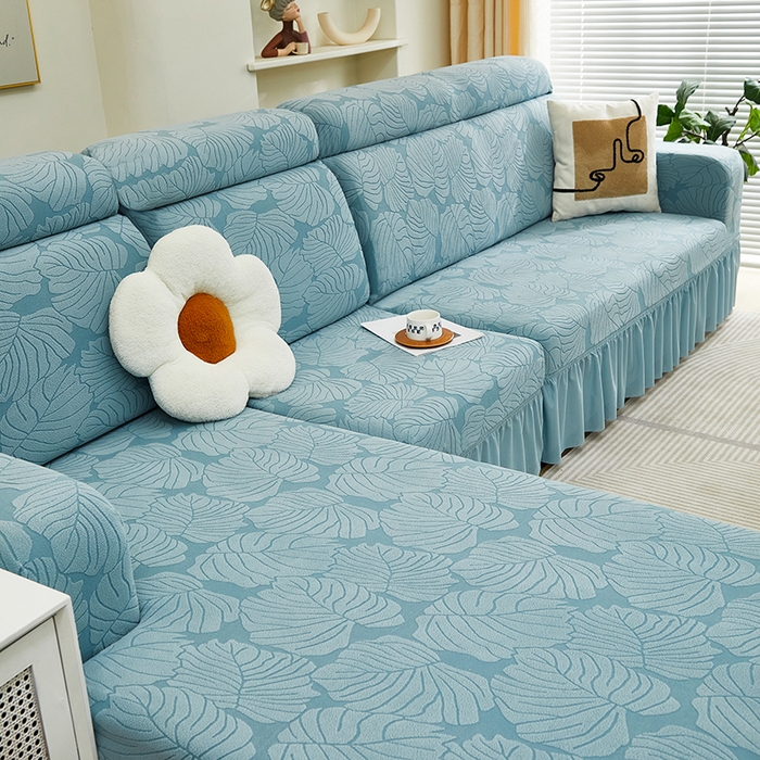 91家纺网 家纺一手货源 找家纺 丝绮鹿 2024新款羊羔绒沙发套裙边款（枫叶） 宁静蓝