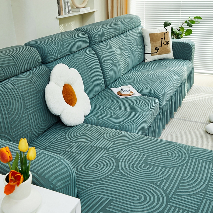 91家纺网 家纺一手货源 找家纺 丝绮鹿 2024新款提花绒沙发套裙边款（圆满） 圆满-清雅绿