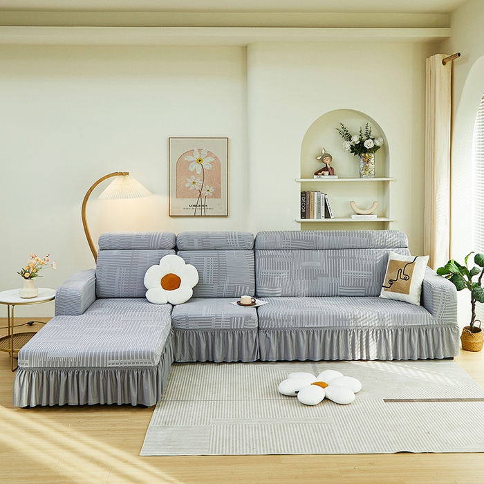 91家纺网 家纺一手货源 找家纺 丝绮鹿 2024新款提花绒沙发套裙边款（幸福） 幸福-云灰