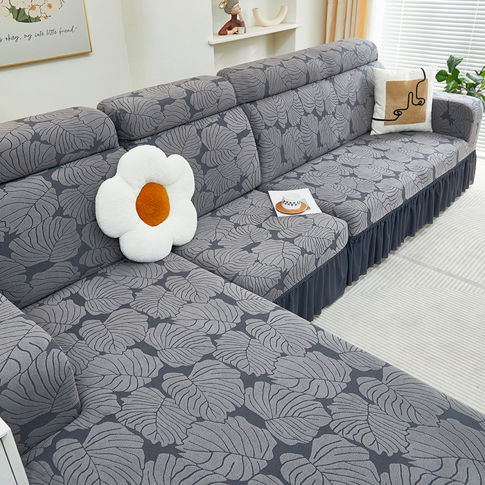 91家纺网 家纺一手货源 找家纺 丝绮鹿 2024新款羊羔绒沙发套裙边款（枫叶） 烟灰