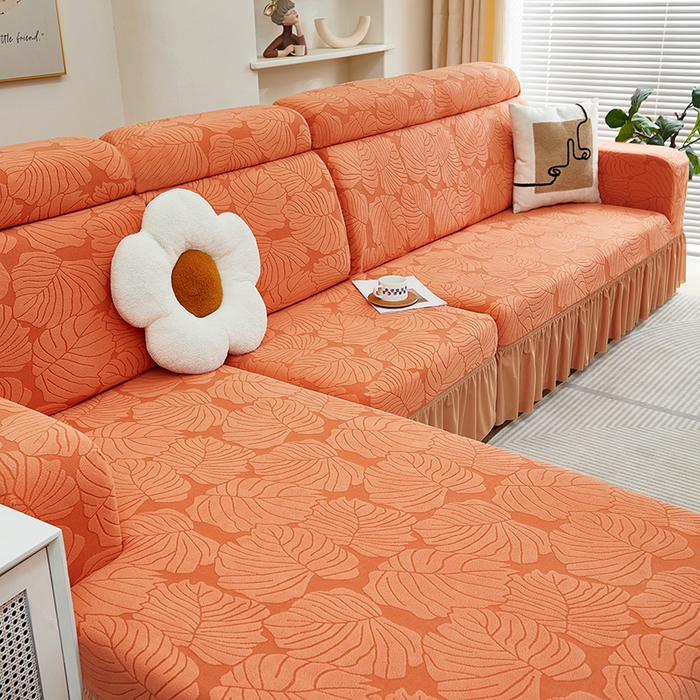 91家纺网 家纺一手货源 找家纺 丝绮鹿 2024新款羊羔绒沙发套裙边款（枫叶） 亮橙