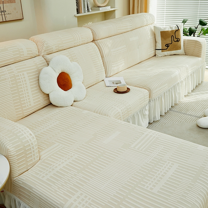 91家纺网 家纺一手货源 找家纺 丝绮鹿 2024新款提花绒沙发套裙边款（幸福） 幸福-茶白