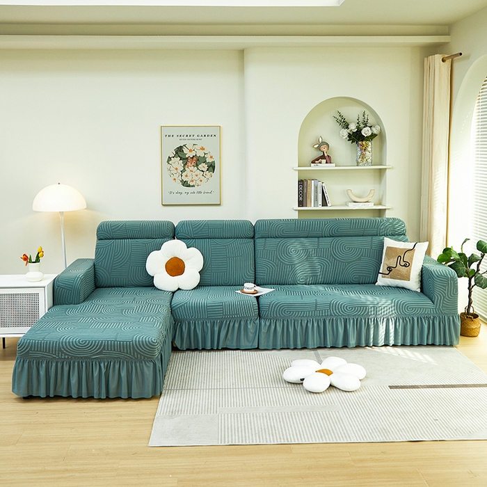 91家纺网 家纺一手货源 找家纺 丝绮鹿 2024新款提花绒沙发套裙边款（圆满） 圆满-清雅绿