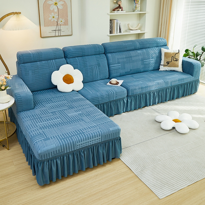 91家纺网 家纺一手货源 找家纺 丝绮鹿 2024新款提花绒沙发套裙边款（幸福） 幸福-水蓝