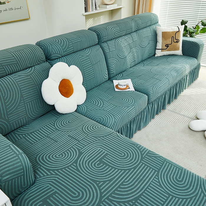 91家纺网 家纺一手货源 找家纺 丝绮鹿 2024新款提花绒沙发套裙边款（圆满） 圆满-清雅绿