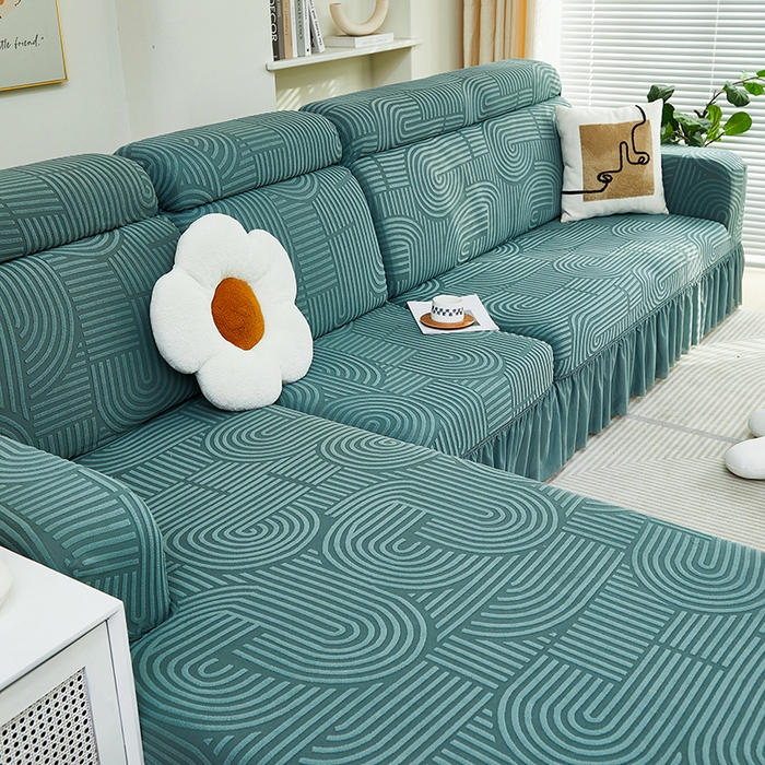 91家纺网 家纺一手货源 找家纺 丝绮鹿 2024新款提花绒沙发套裙边款（圆满） 圆满-清雅绿