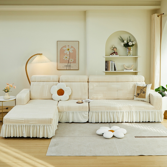 91家纺网 家纺一手货源 找家纺 丝绮鹿 2024新款提花绒沙发套裙边款（幸福） 幸福-茶白