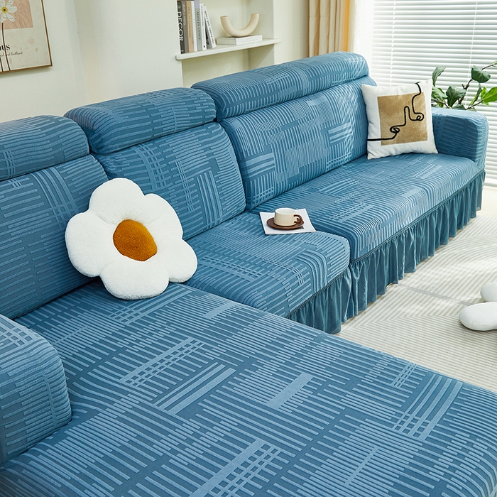 91家纺网 家纺一手货源 找家纺 丝绮鹿 2024新款提花绒沙发套裙边款（幸福） 幸福-水蓝