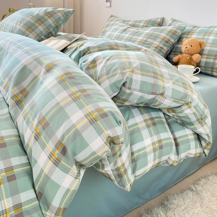 91家纺网 家纺一手货源 找家纺 雨帆家纺 2024新款水洗棉格子系列四件套 绿格子