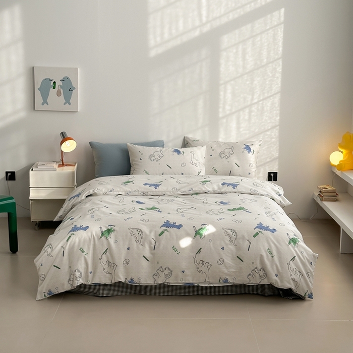 91家纺网 家纺一手货源 找家纺 棉眠 2024春季新款40支13070全棉卡通四件套 恐龙