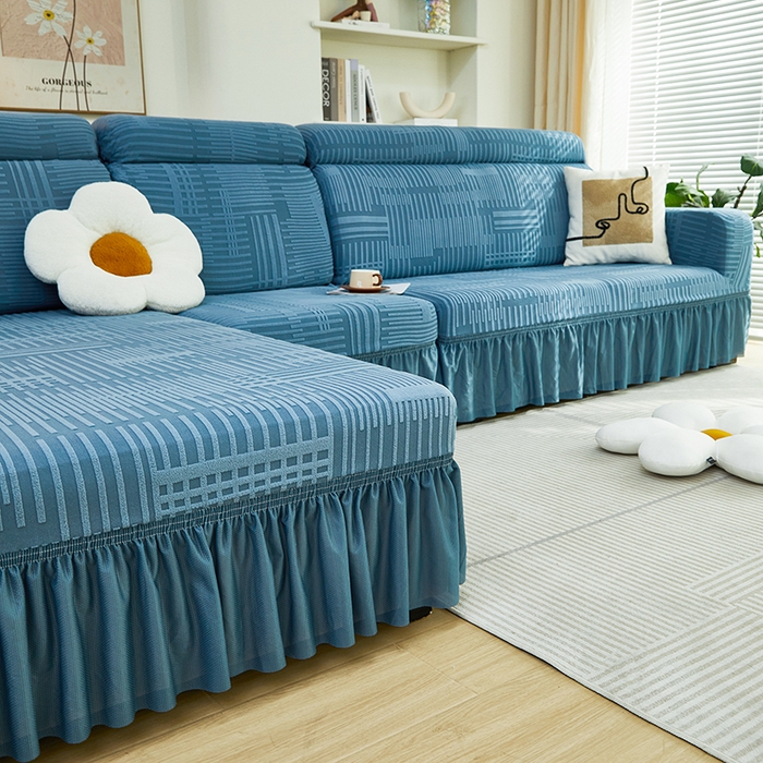 91家纺网 家纺一手货源 找家纺 丝绮鹿 2024新款提花绒沙发套裙边款（幸福） 幸福-水蓝