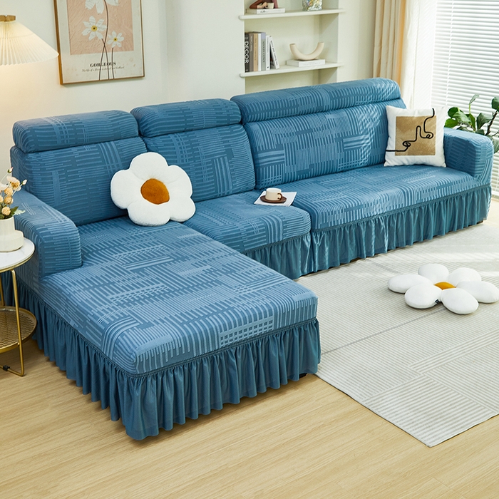 91家纺网 家纺一手货源 找家纺 丝绮鹿 2024新款提花绒沙发套裙边款（幸福） 幸福-水蓝