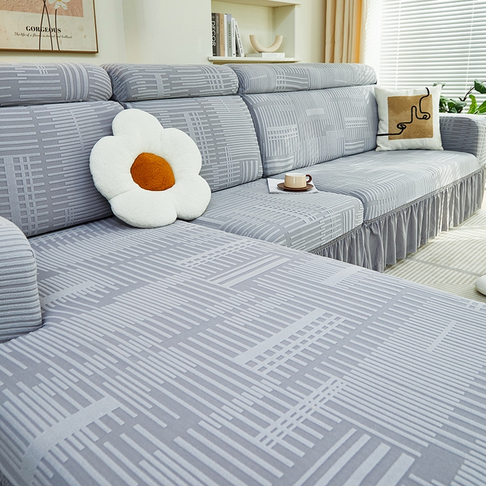 91家纺网 家纺一手货源 找家纺 丝绮鹿 2024新款提花绒沙发套裙边款（幸福） 幸福-云灰