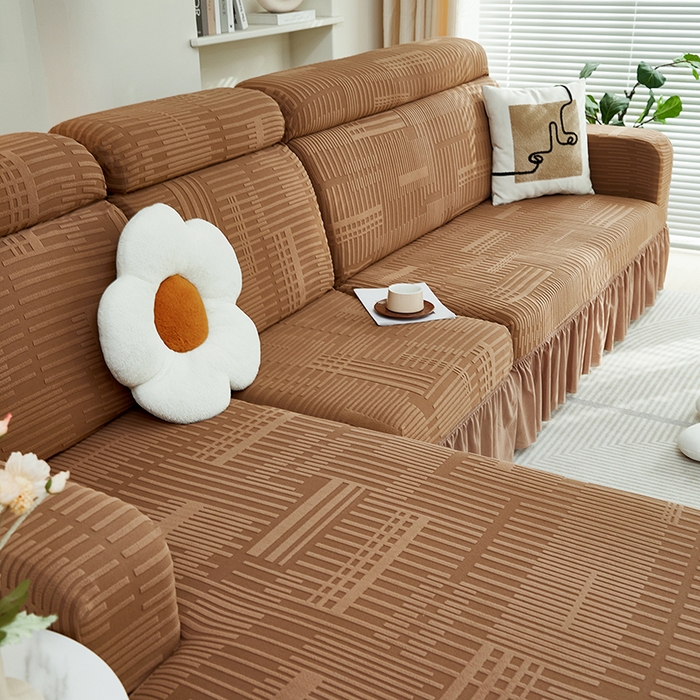 91家纺网 家纺一手货源 找家纺 丝绮鹿 2024新款提花绒沙发套裙边款（幸福） 幸福-卡驼